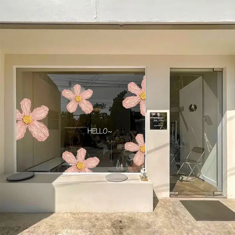 Creative Glass Electrostatic Stickers Waterproof and Anti Collision Shops Glass Door Wallpaper Pink Fresh Flower Window Showcase