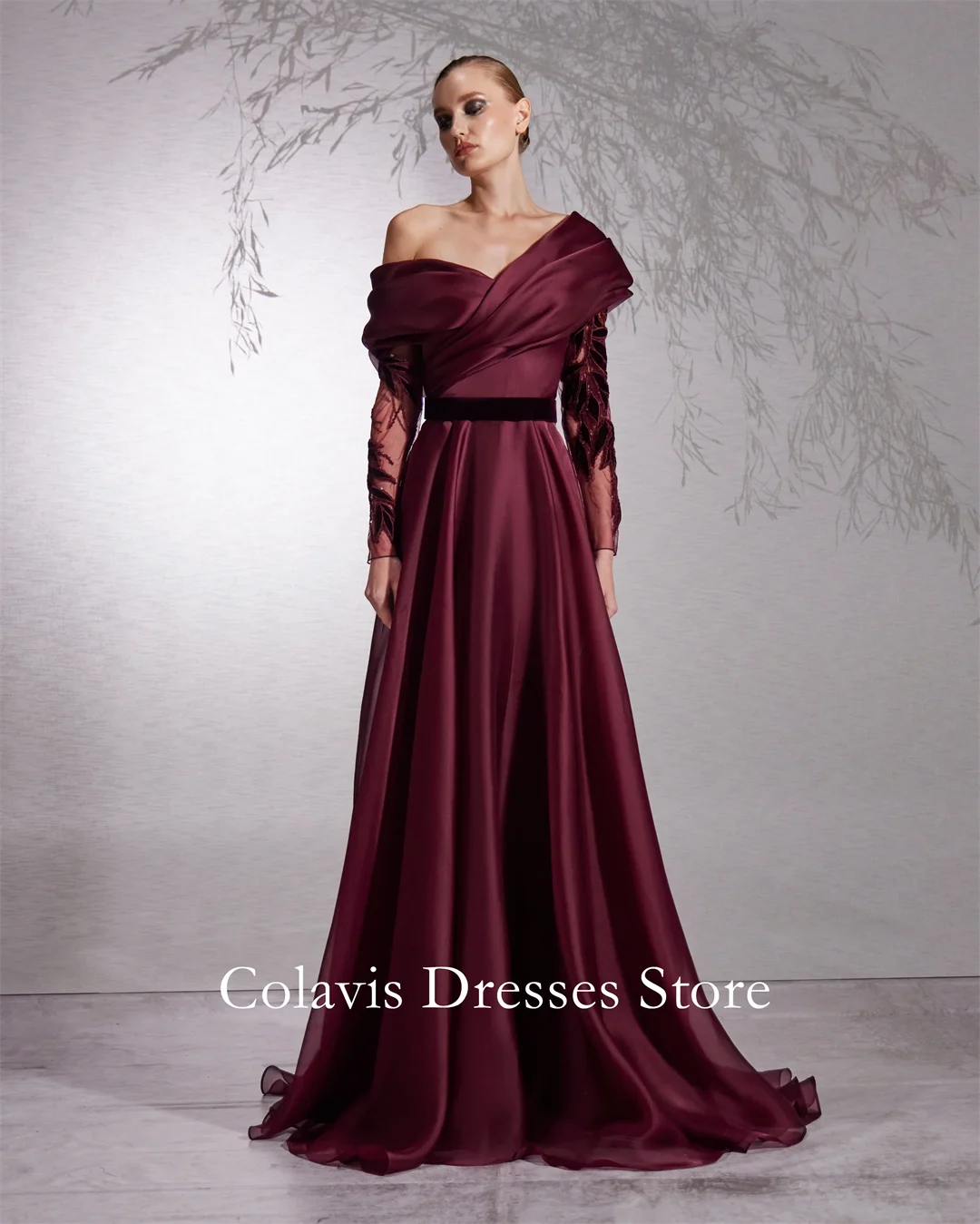 

Colavis Fashion Customized 2024 New Women's Asymmetric Off The Shoulder Velvet Leaves Prom Evening Dress Celebrity Party Dress