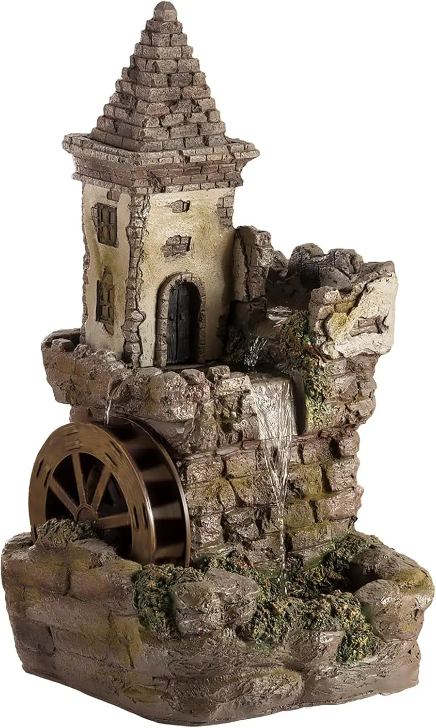 USA 1164 Outdoor Floor Tiered Fairy Castle Waterwheel Water Fountain with Realistic Stone Look, 35