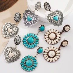 European American Independent Station Exaggerated Turquoise Earrings Retro Fashion Geometric Heart Circular Earrings For Women