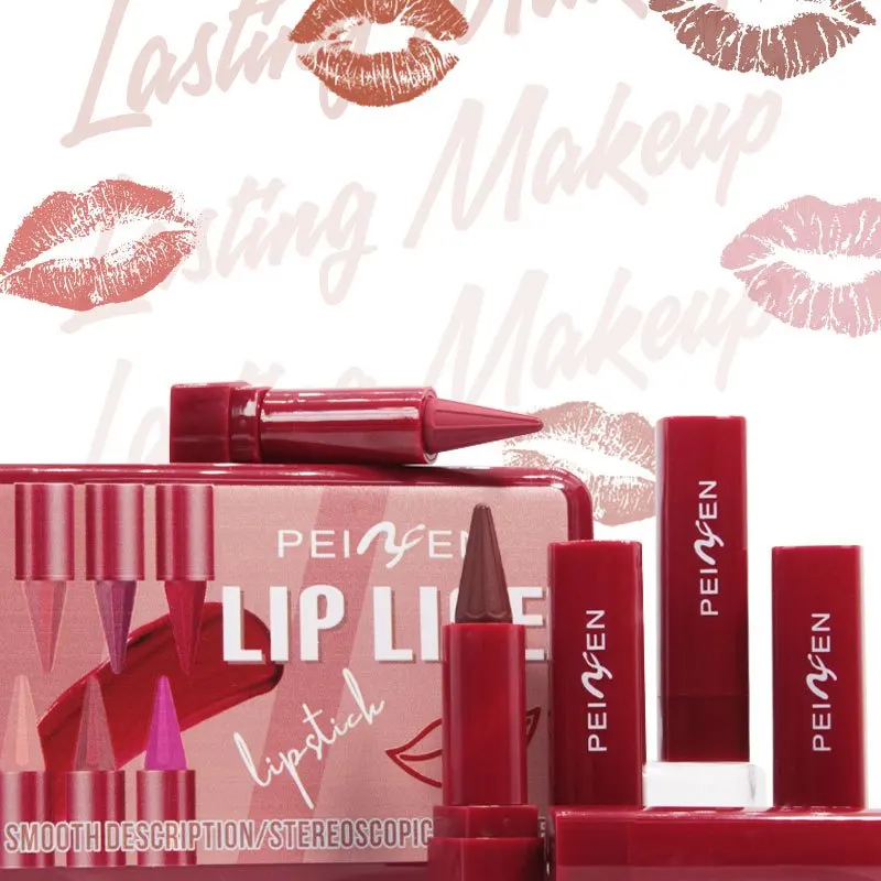 6-delige langdurige matte lipliner en lippenstift set bordeaux kastanjebruin bruin robijn fuchsia ombre romige lip make-up kit