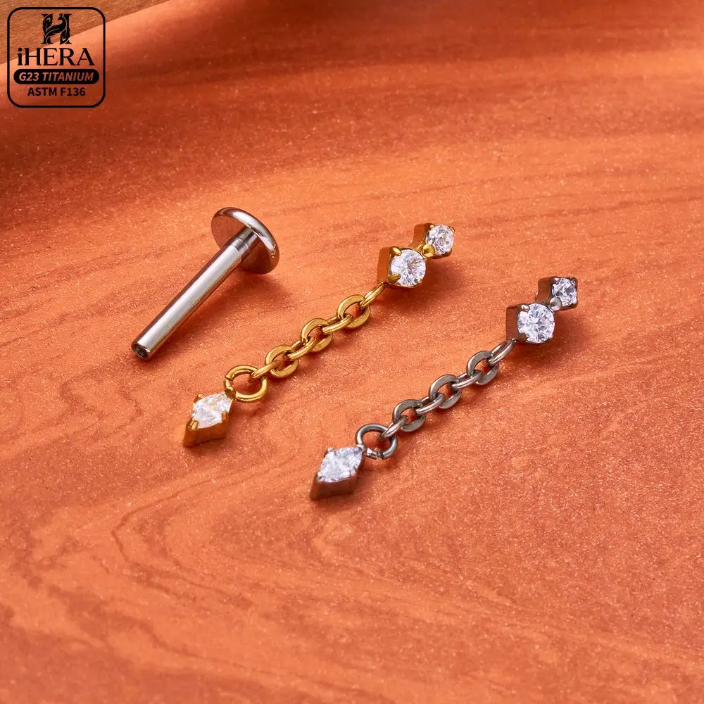 ASTM F136 Titan-Ohrstecker mit Marquise-Zirkonia, flacher Rückseite, glitzernder Kette, Baguette-Kreuz, Labret, Helix, Tragus, Conch, Ohrstecker-Schmuck – Detail 2