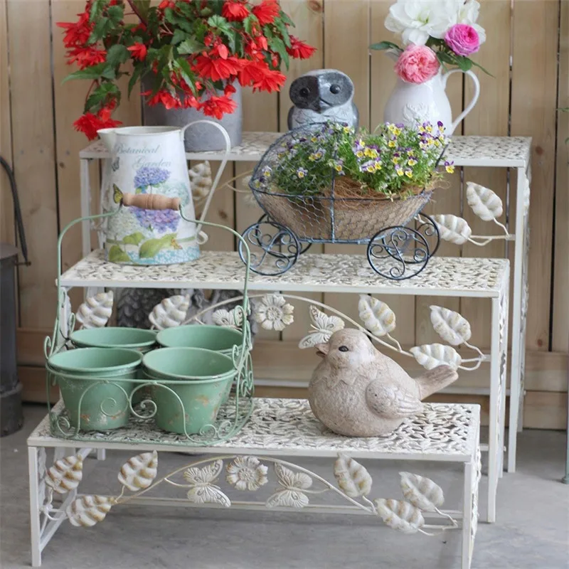 Iron Floor Standing Retro Multi-layer Flower Rack, Three-layer Flower Rack for Garden Plantingpromote sales