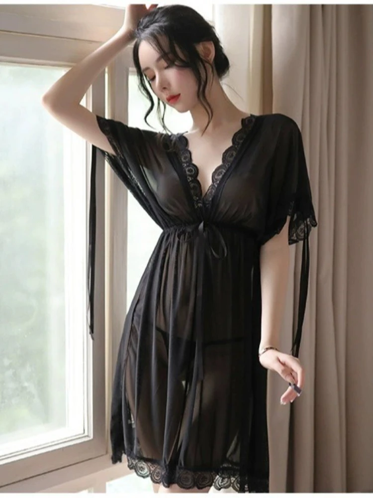 

Top Fashion Sexy Transparent Mesh Pajama Nightgown Womens Sleepwear Fun Lingerie Lace Nightdress Spaghetti Strap Sleeping Dress