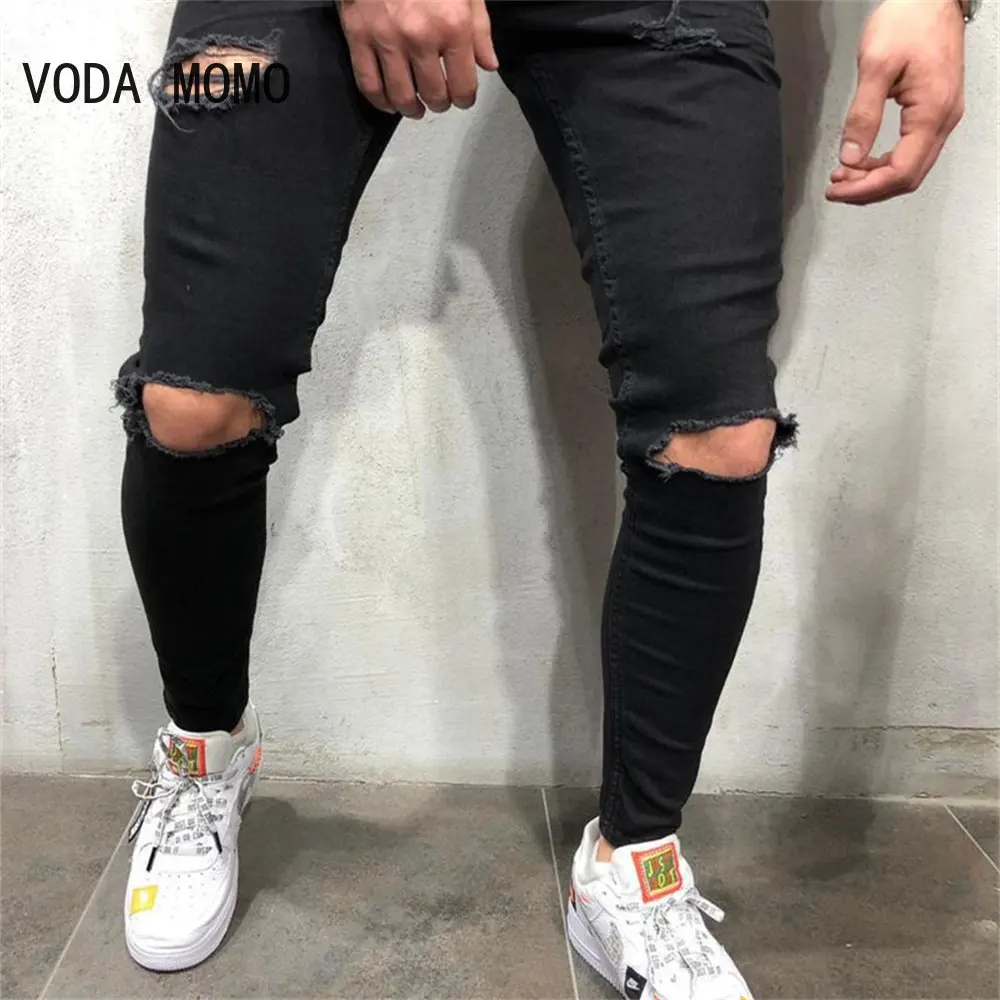 

Men Jeans Knee Hole Ripped Stretch Skinny Denim Pants Solid Color Black Blue Autumn Summer Hip-Hop Style Slim Fit Trousers