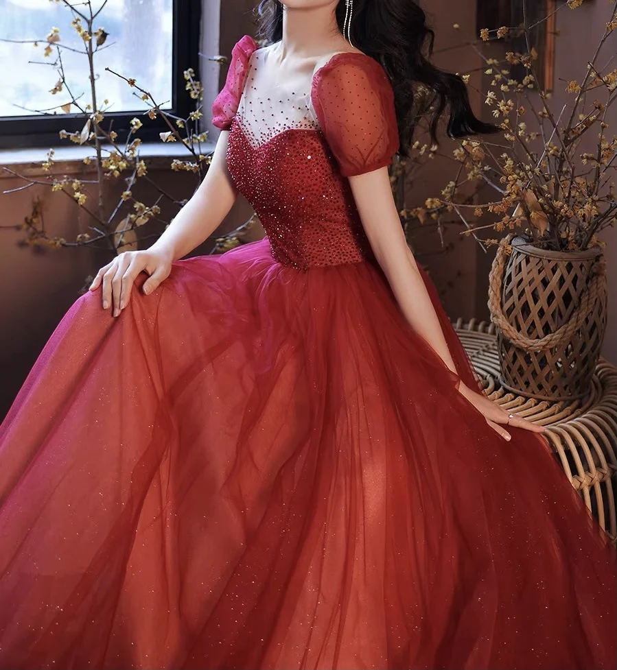 Nuevos Vestidos De Noche De lujo De color rojo vino, corte en A, cuello cuadrado, lentejuelas, cuentas brillantes, manga abombada, Vestidos De Noche formales