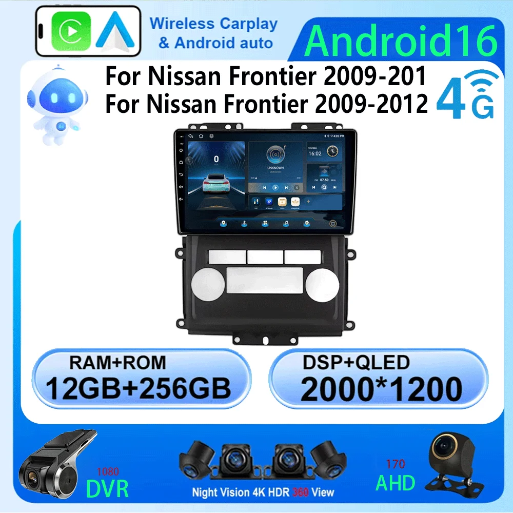 Android 16 Carplay para Nissan Frontier 2009 - 2012 para Nissan Xterra 2 N50 2008 - 2015 Radio de coche Reproductor multimedia de video Estéreo