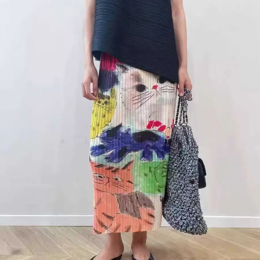 Ruched Kawaii Skirt 2026 Summer High Waist Slimming Pleated Skirts Sweet Cartoon Printed Gentle Faldas Largas