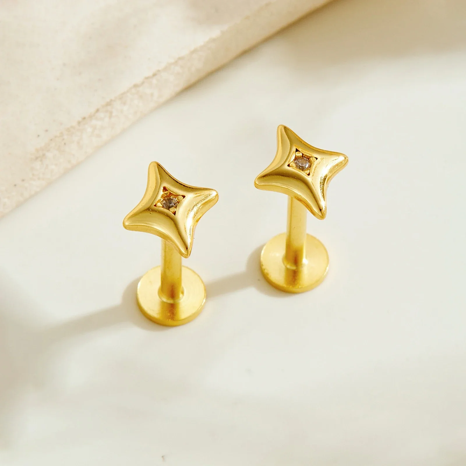 ANDYWEN 925 Silver Star CZ Flat Back Labret Stud, Internal Thread Cartilage Lip Piercing Pair, Hypoallergenic Gift Box