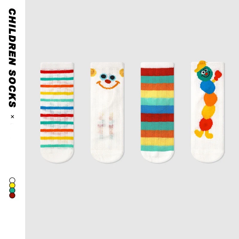 4 Pairs Children's Mesh Mid-Calf Socks Cartoon Caterpillar Pattern Breathable Comfortable Striped Design for Kids
