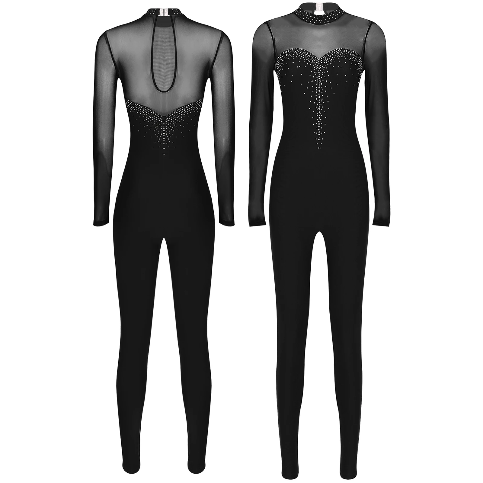 Women Rhinestone Gymnastic Leotard Jumpsuit Ballet Tights Dance Wear Costume Sport Workout Bodysuit Long Sleeve Skating Unitards