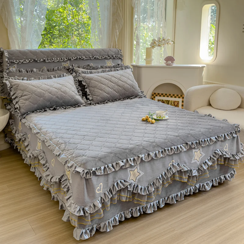 

Crystal flannel padded bed skirt bedspread cotton autumn and winter warm bedding kit non-slip bed cover