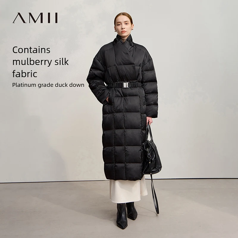 

AMII Down Jackets Woman 2025 Winter New Warm Stand-up Collar Solid Color Down Jacket Casual Straight Women's Long Top 12544054