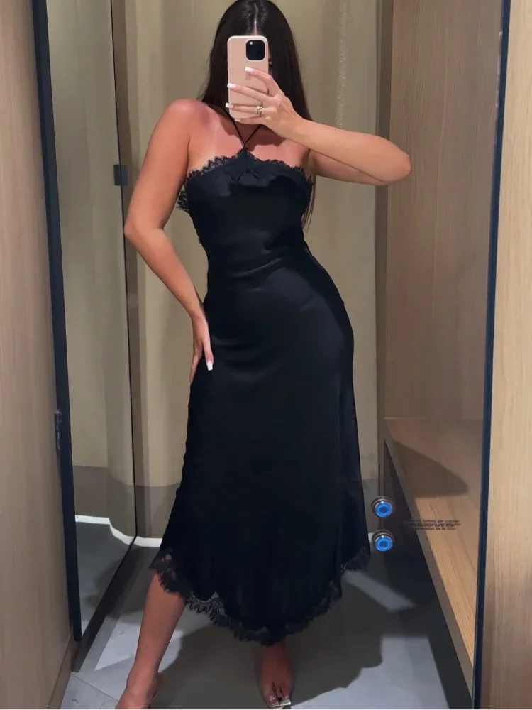 

Black Lace Patchwork Halter Women Women Dress Fashion Sleeveless Backless Waist-cinching Slim Midi Dresses 2026 Lady Party Gown
