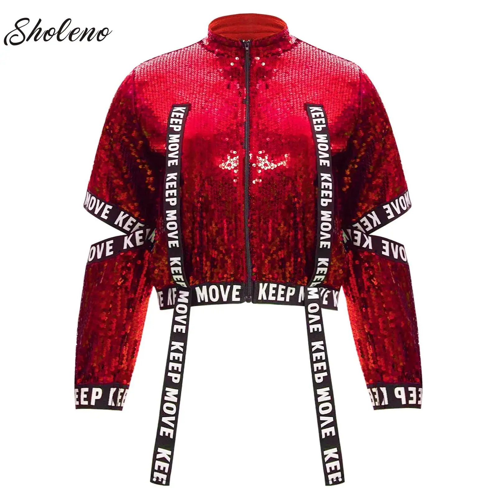 

Kids Girls Hip-Hop Jazz Dance Jacket Cutout Sleeves Letter Print Elastic Bands Glittery Sequin Jacket Motorcycle Coat Streetwear