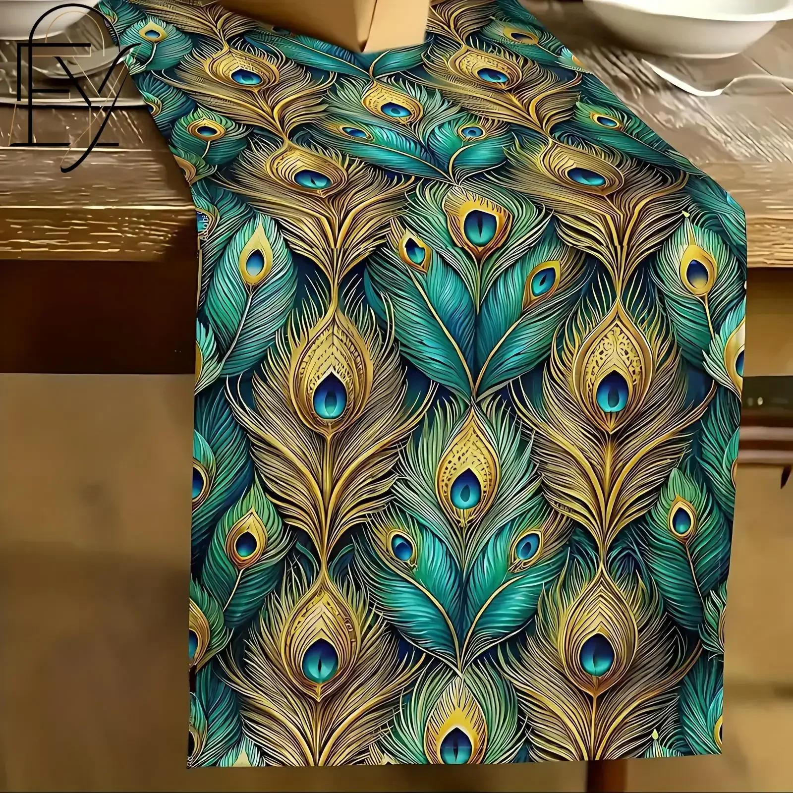 Peacock Table Runner Luxury Feather Pattern Linen Tablecloth Teal Gold Retro Art Kitchen Dining Wedding Party Decor Scarf