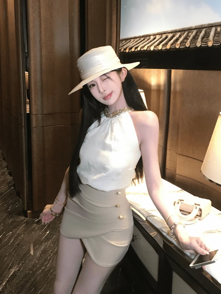 

Sweet Diamond Embedded Necklace Top And Skirt Set for Women Elegant Lady Style Fashionable Summer Short Sleeve round Neck