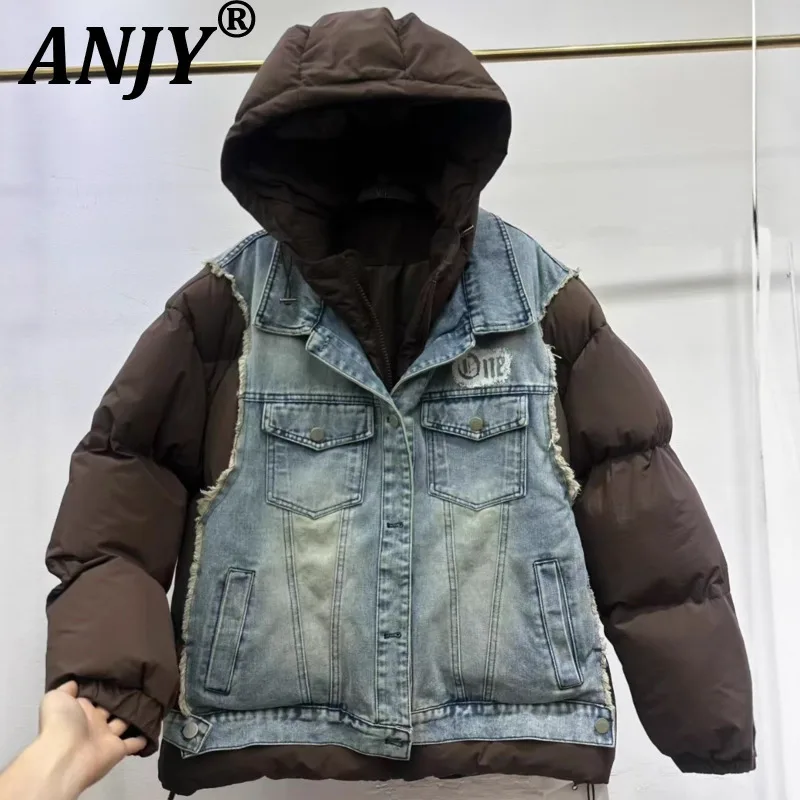 

ANJY Autumn Winter New Women European Letters Print Patchwork Padded Coat Fashion Washed Contrast Color Denim Down Jacket A12509