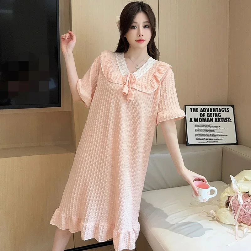 

110kg 5XL Extra Large Loose Fit Nightgown Women Sweet Princess Style Homewear Summer Short Sleeve Medium-length Sleep Dress