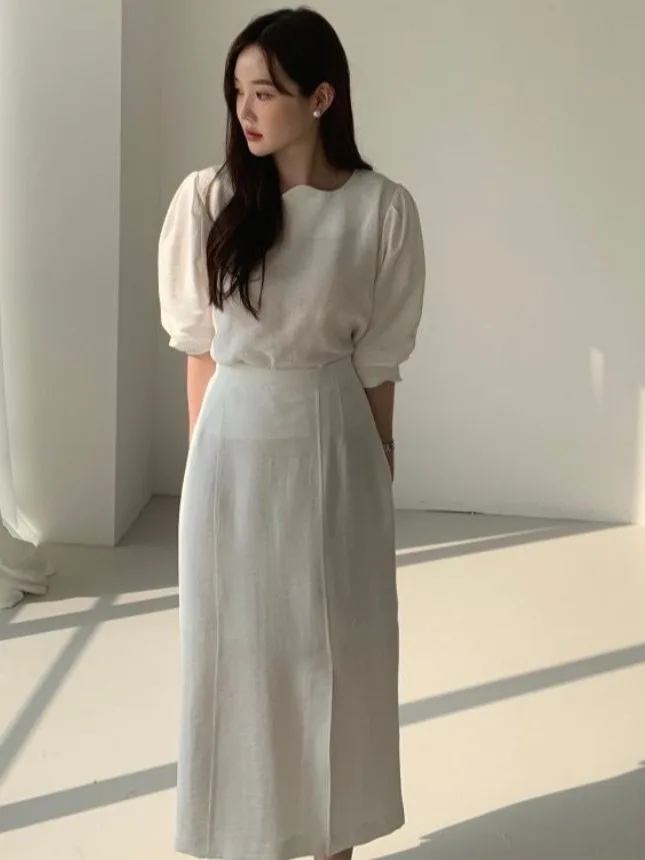 

Faionable Women's Bubble Sve Top And Midi Skirt Set White irt Summer Collection Tailored Fit Dr Alternative