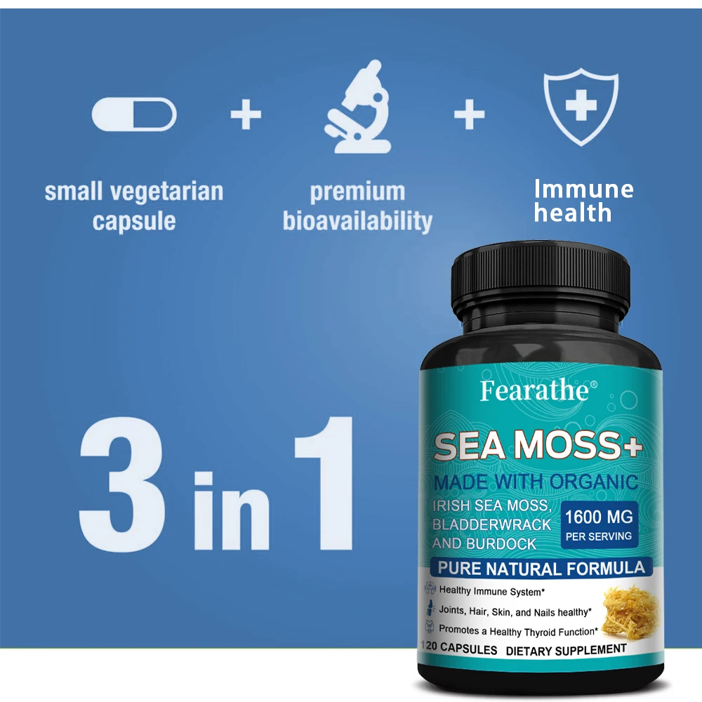 Capsules de mousse de mer biologique pour le soutien immunitaire, la santé de la peau et des articulations, la nettoyage intestinal et la fonction thyroïde – avec mousse irlandaise