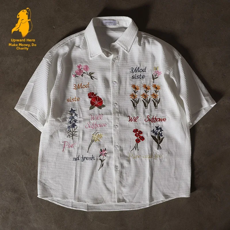 Loose Floral Embroidery Short Sleeve Shirt Women's Style Casual Summer Menswear Youth Fashion Daily Wear Button up Couple's S...