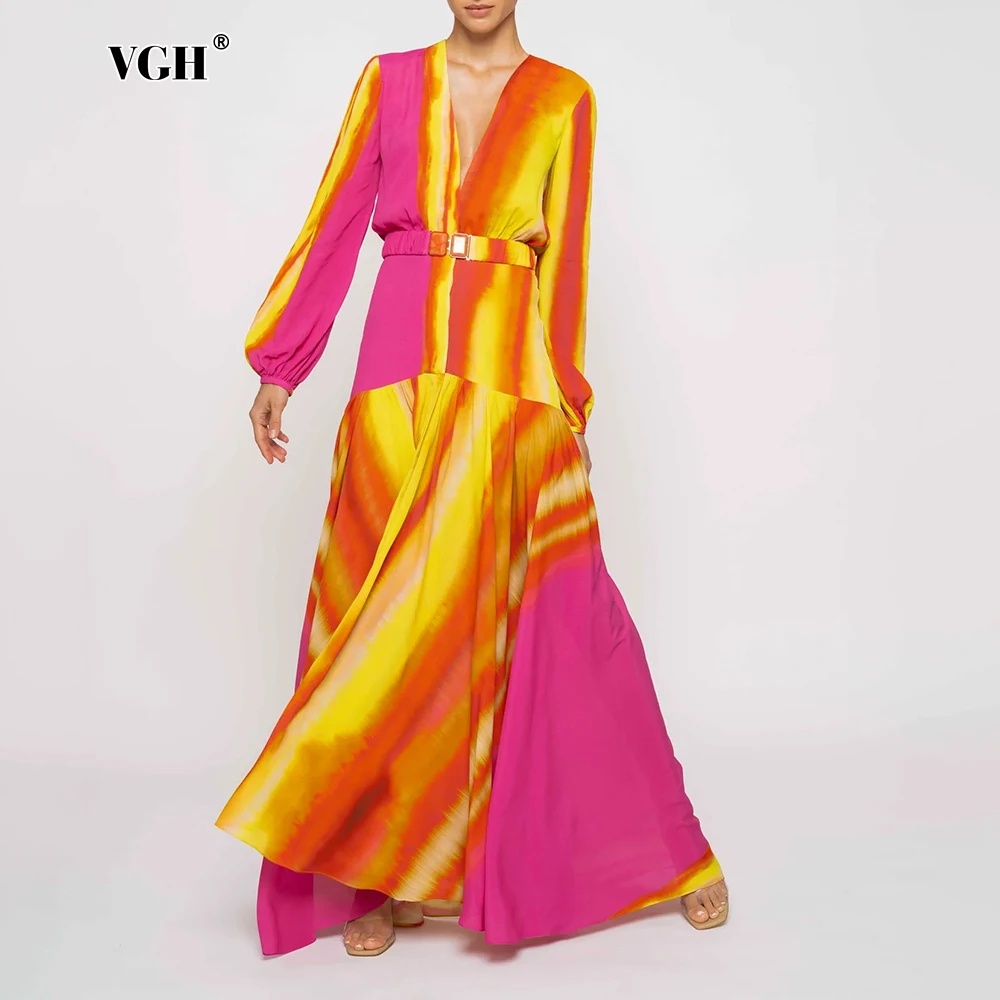 

VGH Loose Chic Tie Dye Long Dress For Women V Neck Lantern Sleeve High Waist Spliced Belts Hit Color Dresses Female Fashion New