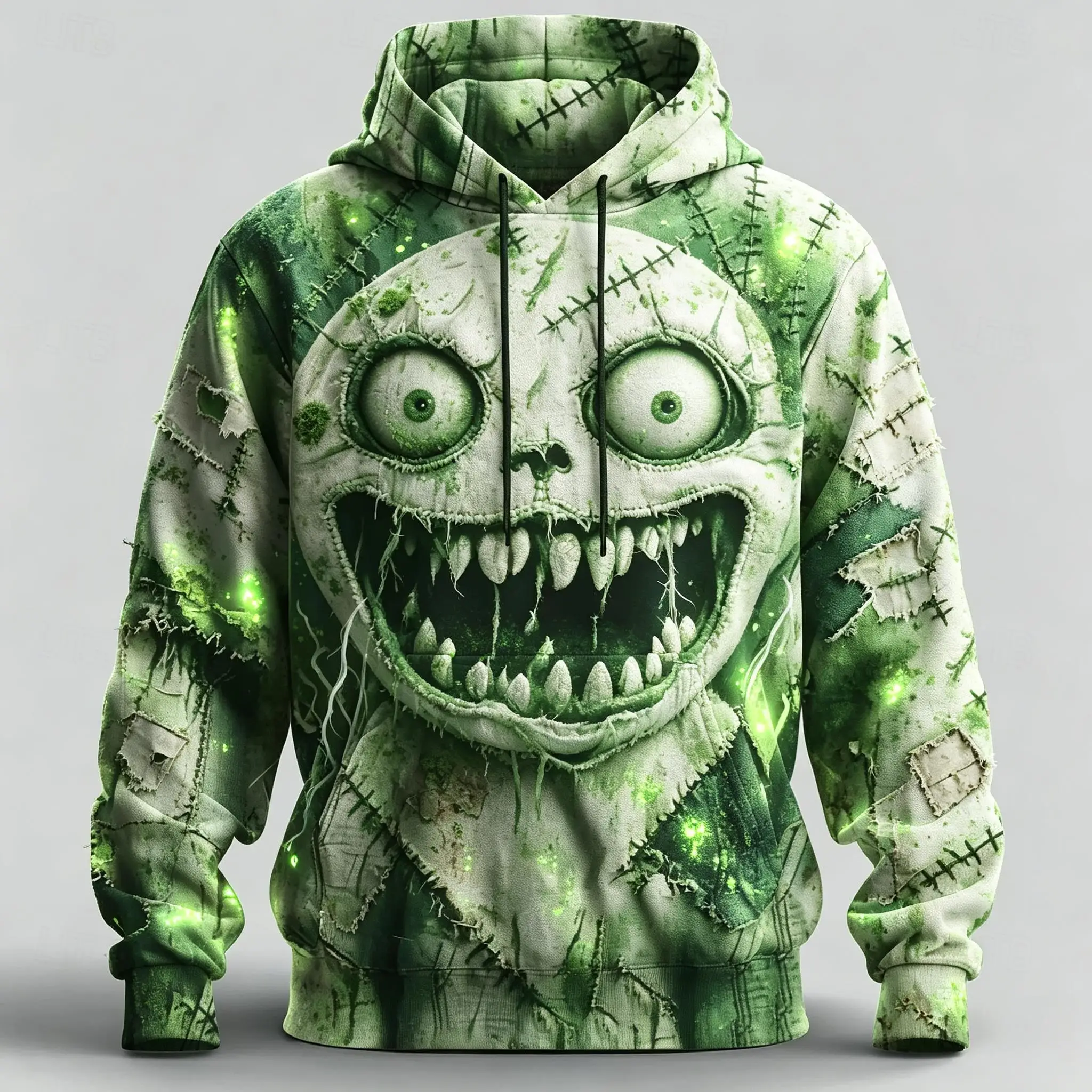 Men's Purple Stitched Voodoo Doll Monster Face Patchwork Full Print Hoodie Drawstring Pocket Creepy Halloween Pullover Tops