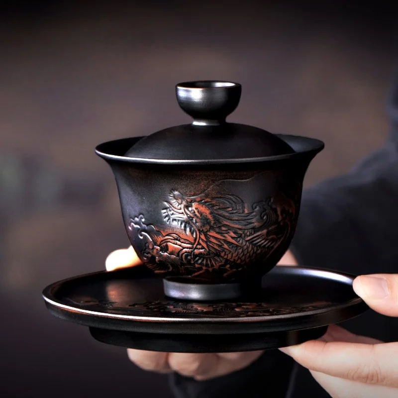 180ml Jianshui Clay Purple Pottery Vintage Gaiwan Ceramic Process Carving Tea Tureen Pigmented Kung Fu Drinkware Tea Bowl