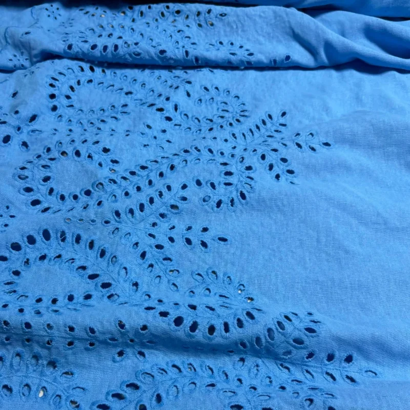 Skin Friendly Blue Embroidery Lace Hollow Out Fabric Sand Washed Linen Spring Summer Breathable Dress Handmade DIY Home Material view 2
