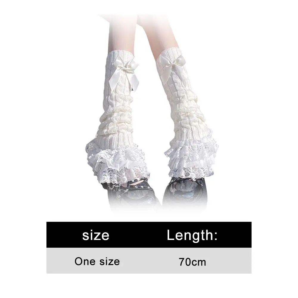 Japanische Damen-Strickbeinwärmer mit Schleife, gestufte Rüschensocken, Mädchen-Lolita-Socken, Wadenlange T-förmige Spitzen-Beinwärmer für Damen – Detail 9