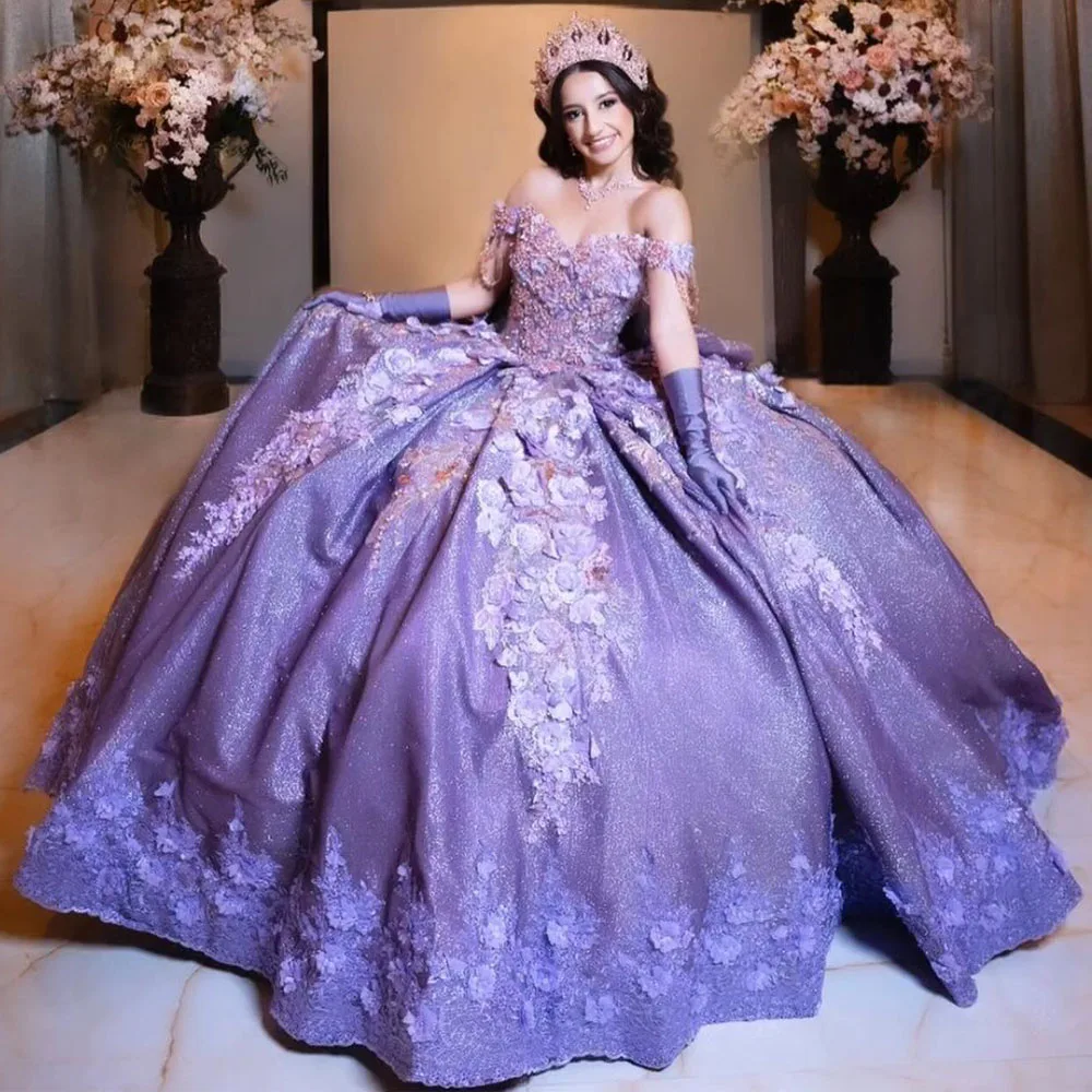 

Lavender Lilac Quinceanera Dress Ball Gown Puffy Floral Applique Beaded Sweet 16 Vestidos De XV Anos