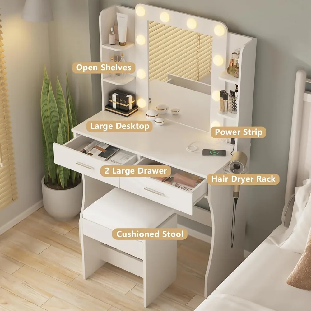 A Dressing Table with Lights, Power Board, 2 Large Drawers, 3 Dressing Mirrors with Adjustable Lighting Colors, White Furniture