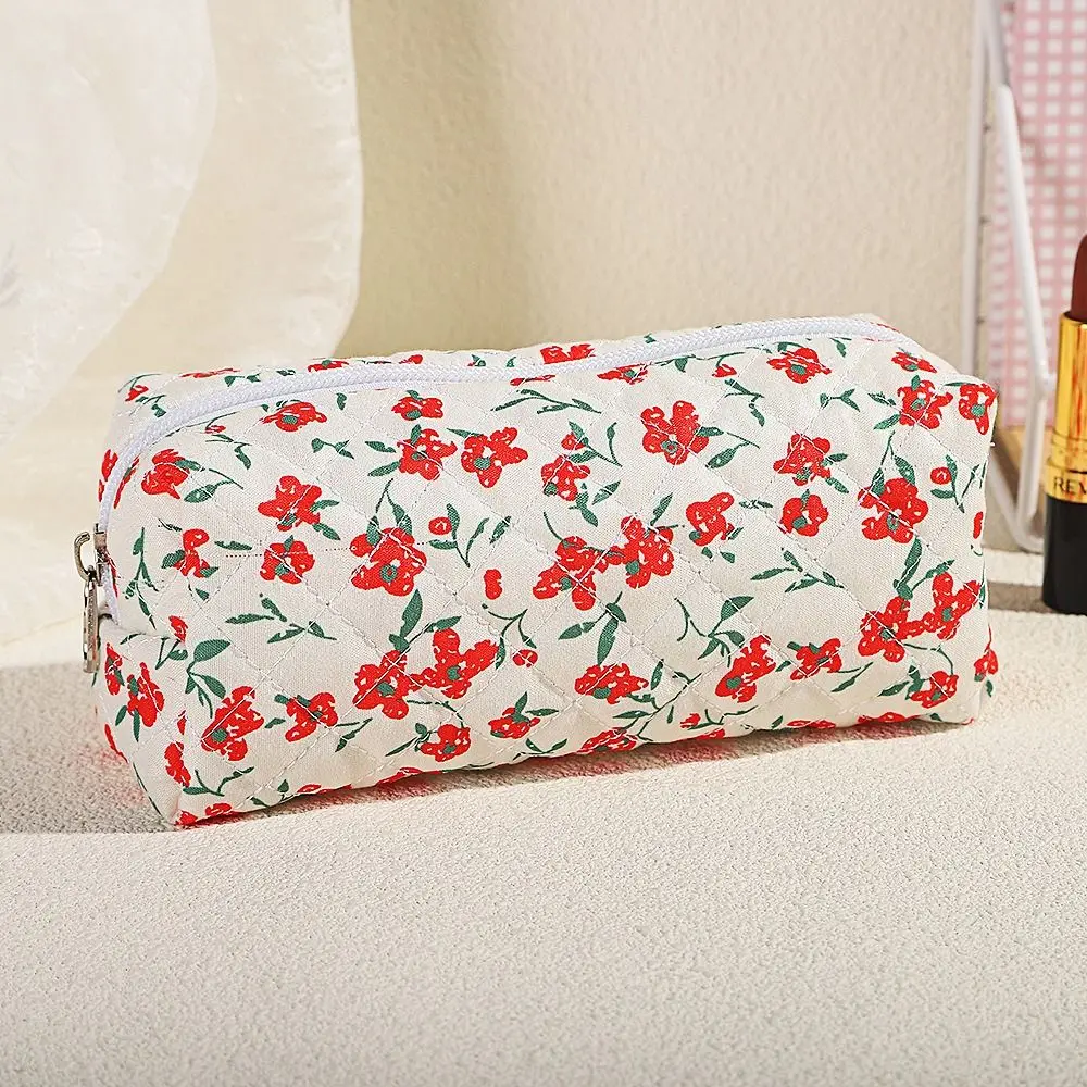 Korean Floral Pencil Bag Gook Looking Aesthetic Puffy Quilted Pen Bag Cotton Sweet Stationery Storage Bag Student Supplies