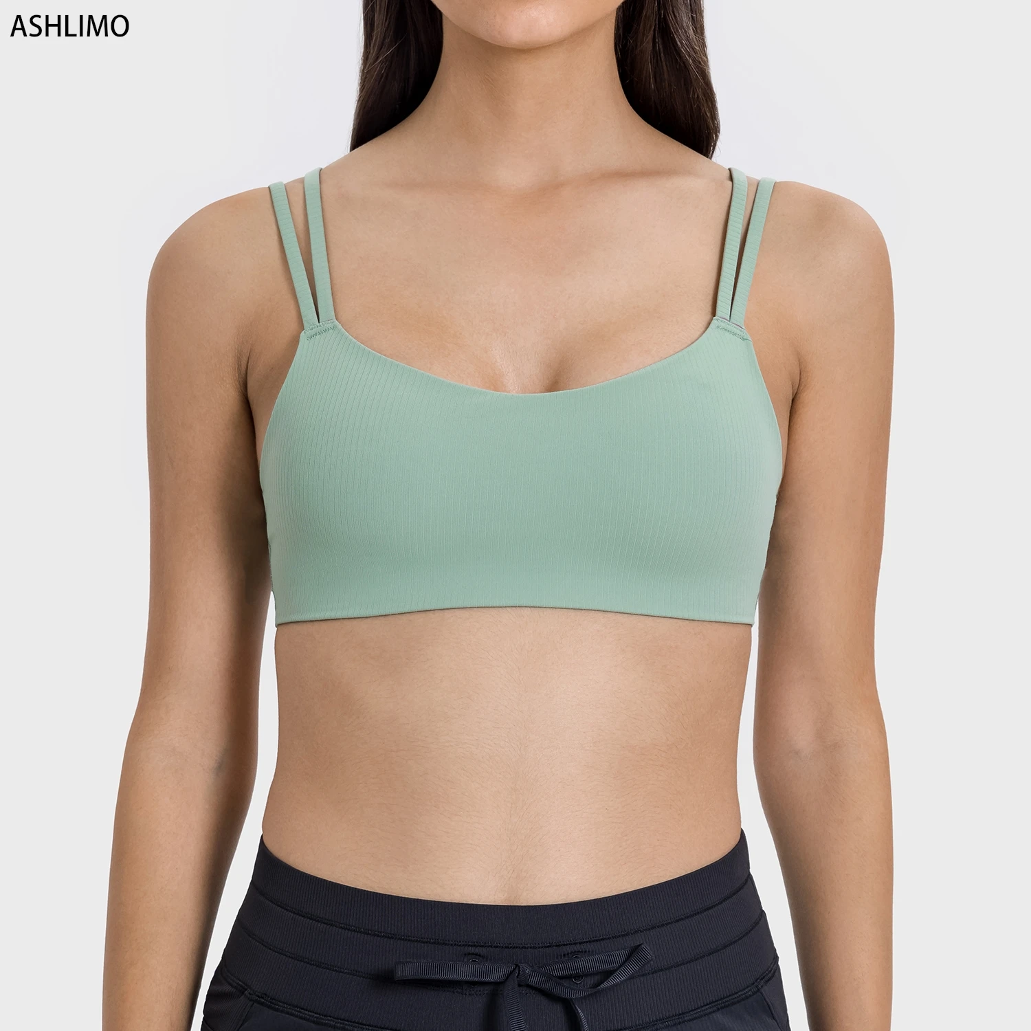 

Womens Activewear Green Sports Bra Ribbed Comfortable Sports Tank Top Back Yoga Sexy Underwear Workout Fitness Clothing