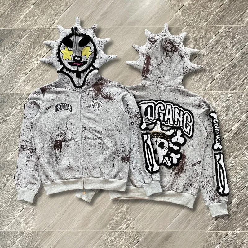 High Street Glo Gang The Glory Full Zip Sweatshirts Embroidery Splicing Sleeve Hooded Men Women Clothes