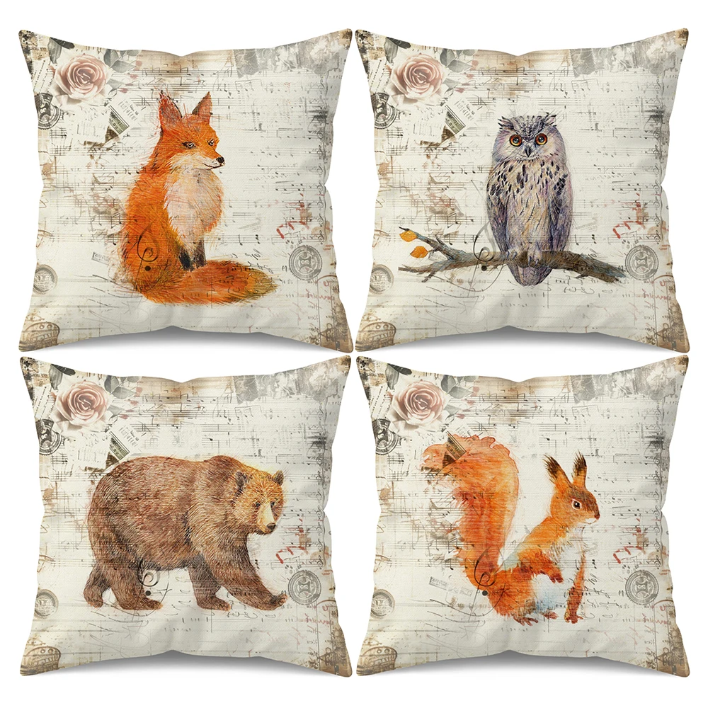 

Vintage Woodland Animal Throw Pillow Covers Set of 4, 18x18 Inch Double-Sided Fox Owl Bear Squirrel Decorative Cushion Cover