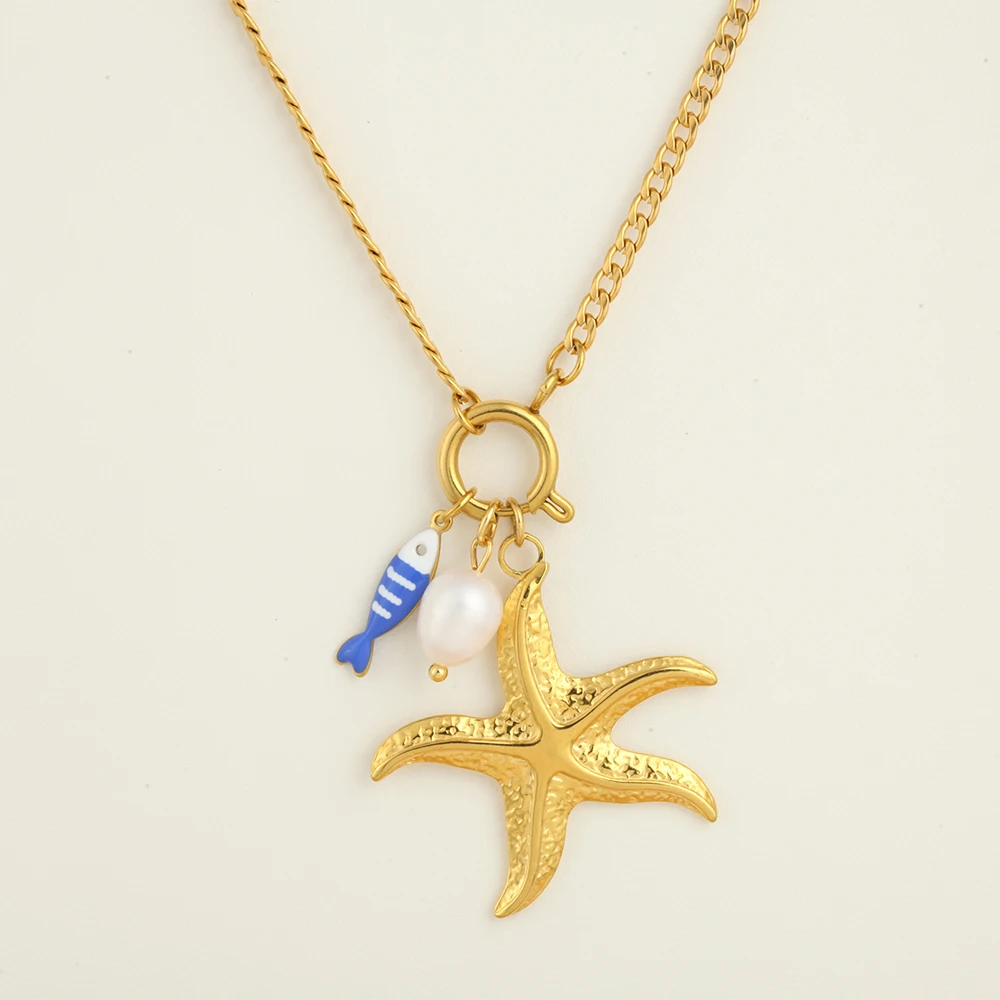 Collana con ciondolo in acciaio inossidabile da donna dorato serie Ocean, perla d'acqua dolce, piccola conchiglia di pesce, conchiglia, gioielli da donna