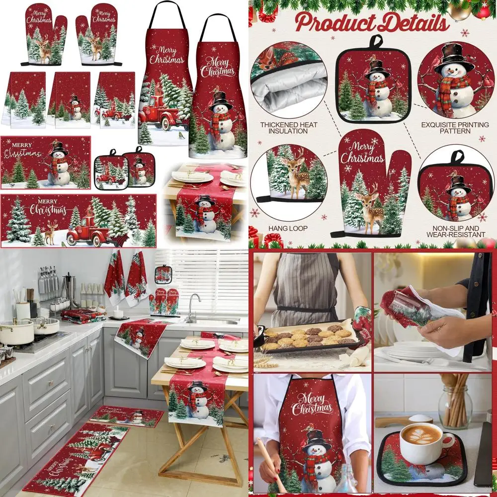 

Farmhouse Christmas Kitchen Set: 12-Piece Decor, Table Runner, Aprons, Towels, Rugs, Oven Mitts & Pot Holders for Baking & Grill