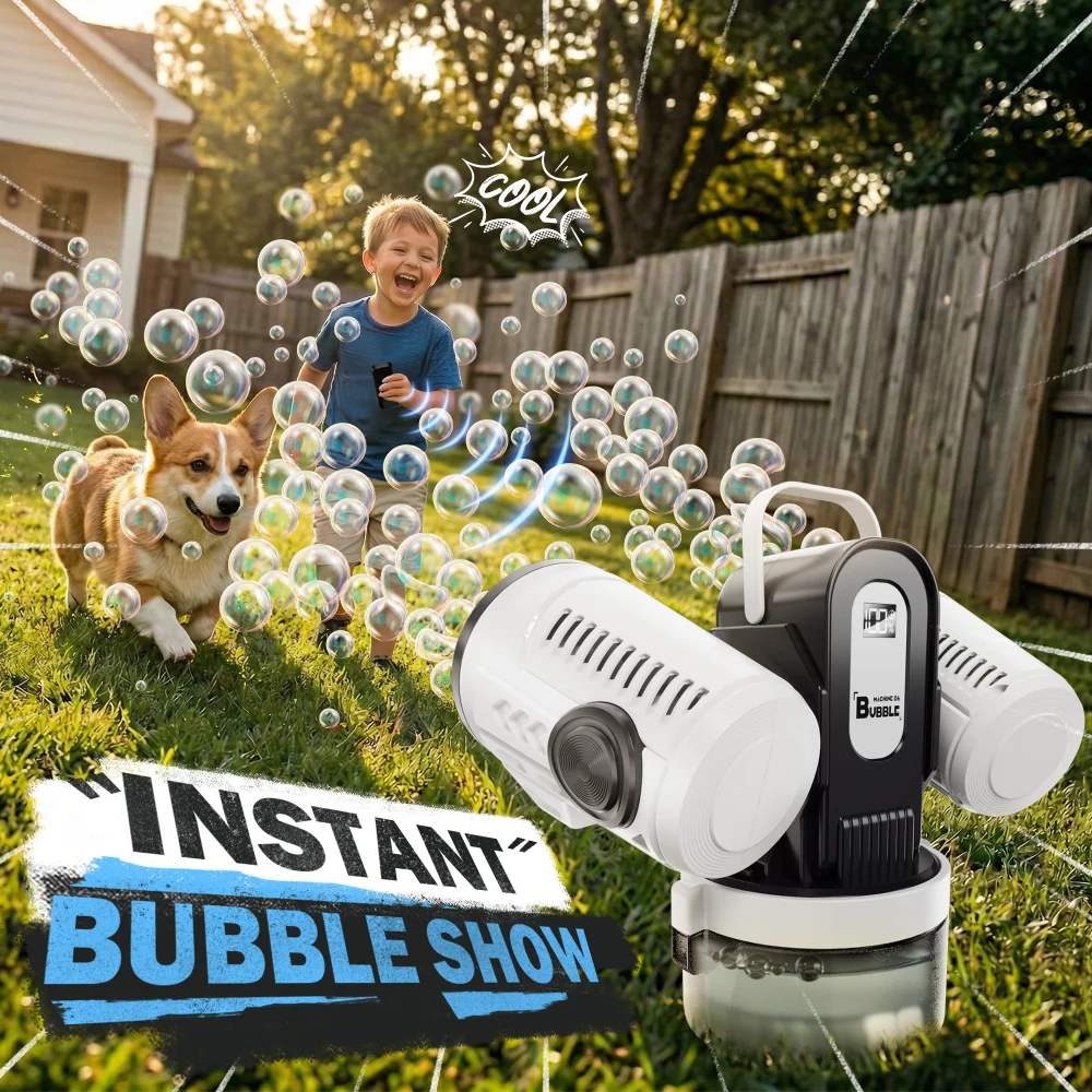 Comfortable Rechargeable Bubble Machine, 360 ° Automatic Rotating Bubble Machine, Kids Bubble Maker with Remote Control, Rgb Lights, 20000+ Bubbles Per Minute, Outdoor Toy Game for Kids/Adults (Black)