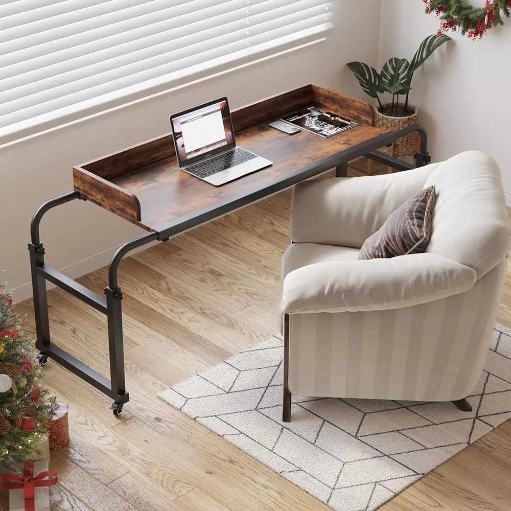 

Overbed Table With 360° Wheels, Queen Size Mobile Bed Desk, Recliner Table Over Bed Table Adjustable Height And Length Overbed
