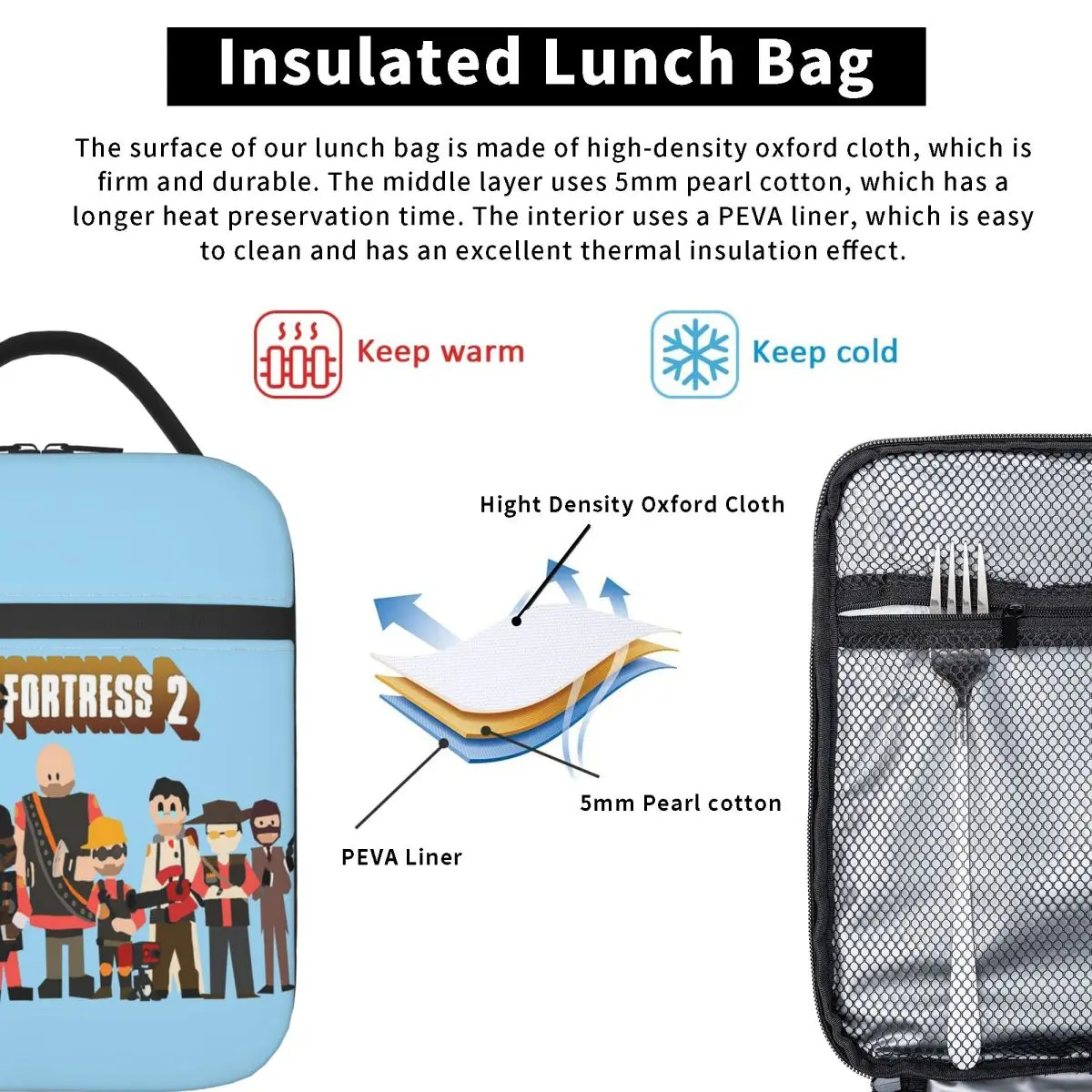 Team Fortress 2 Insulated Lunch Bag for Women Children Portable Food Boxes Thermal Lunch Box Tote