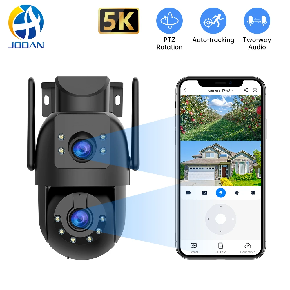

Уличная IP-камера Jooan 5K с двумя объективами, Wi-Fi, автоматическим отслеживанием, обнаружением человека, ночным видением и функцией видеонаблюдения