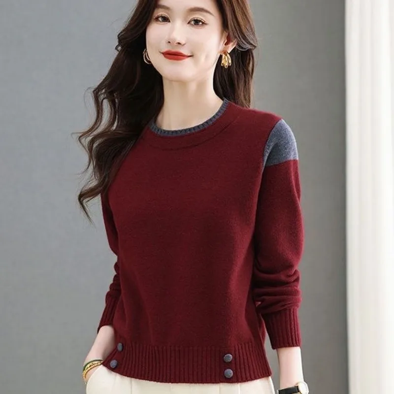 

Women's Fashion Sweater Autumn And Winter New Color Block Versatile Round Neck Long Sleeve Pullover Elegant Versatile Knitted