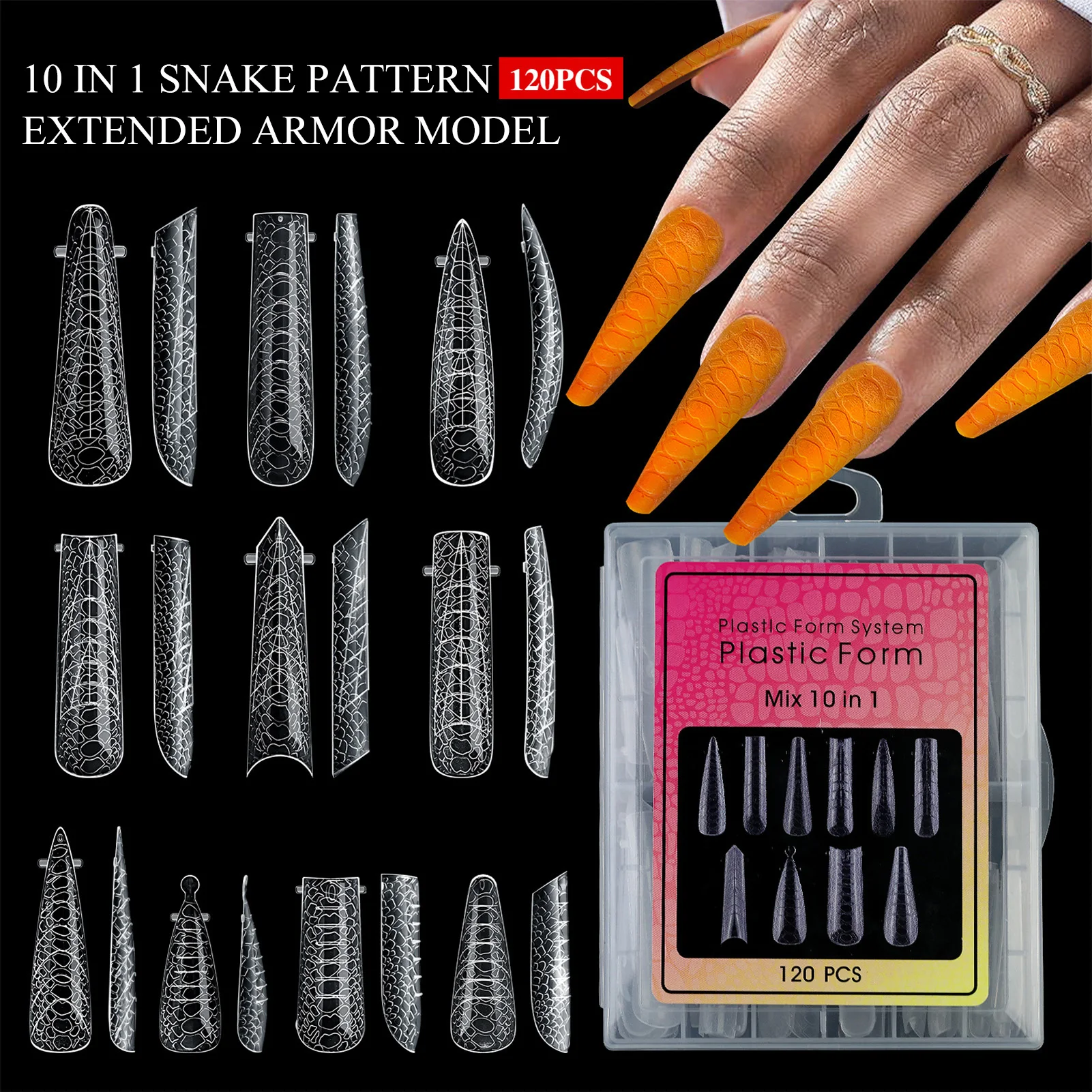 

120pcs Clear Full Cover Fake Nails Mold Long Stiletto/Coffin Transparent Sculpted Extend Molds for Halloween Party DIY Manicure