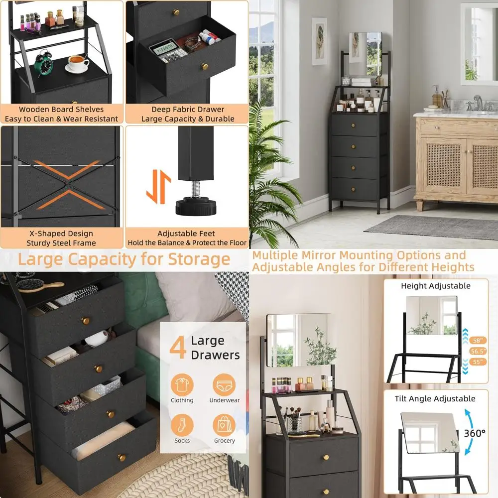 

Компактный черный высокий узкий туалетный столик с зеркалом и 4 ящиками, идеально подходит для небольших комнат и общежитий