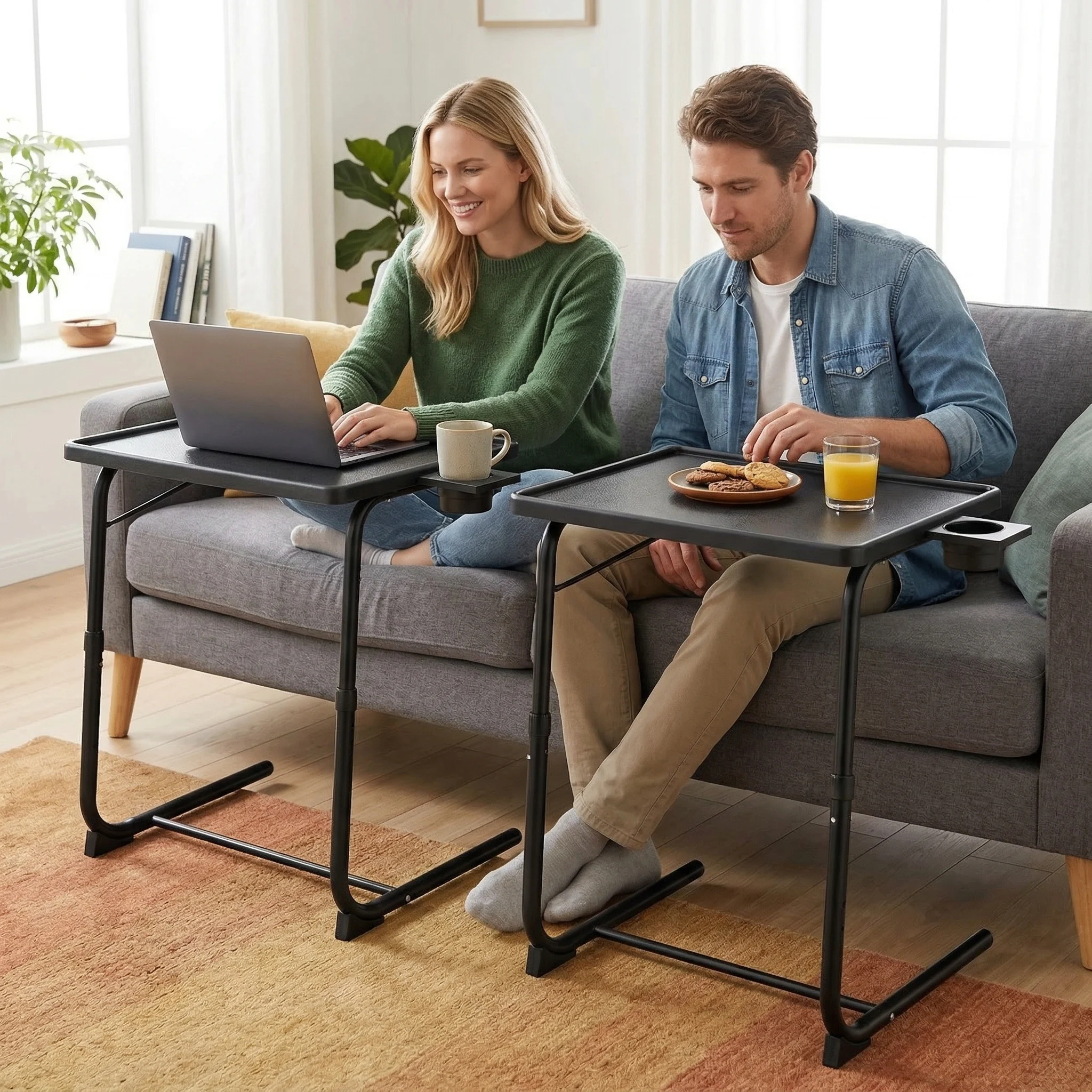 2Pcs Adjustable TV Tray Table - Foldable TV Tray with 6 Height & 3 Tilt Angle Adjustments, TV Dinner Tray with Cup Holder for Couch, Bed, Sofa and Chair