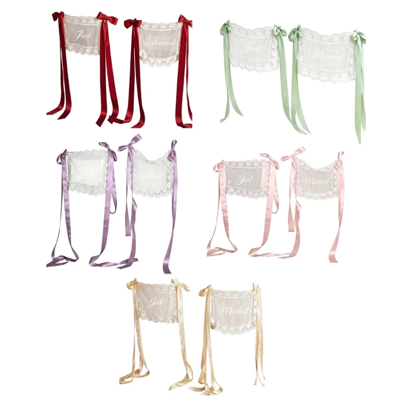 Sheer Chair Back Cover Set for Wedding Ceremony, Just Married Panel Pair with Ribbon Fasteners for Reception Use C7AC