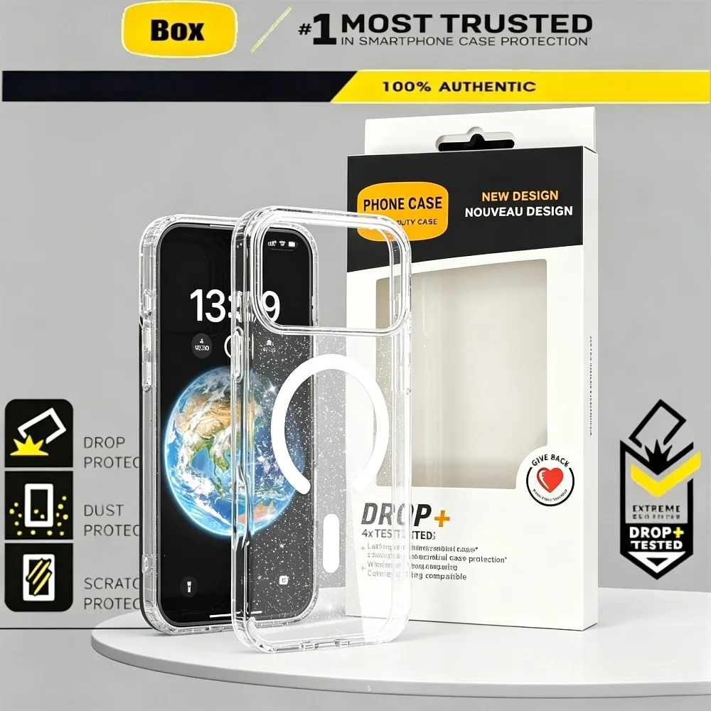 Transparente Glitzer-Symmetrie für Magsafe Magnetische Hülle für iPhone 18 Pro Max 17 Air16 15 14 13 Sturzsichere Ott-Box Panzerhülle
