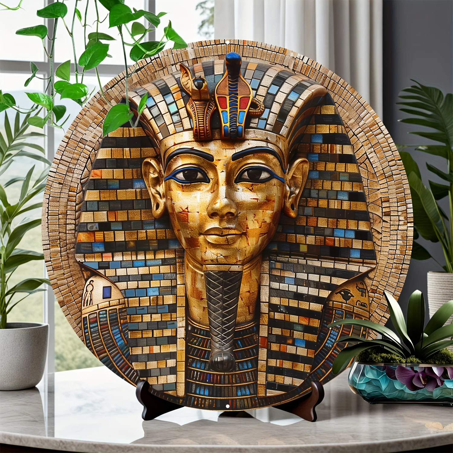 Egyptian Pharaoh Tutankhamun Mosaic Wall Sign: 100% Aluminum Material, 3D Design, 8x8inch, UV Printing, Vivid Colors